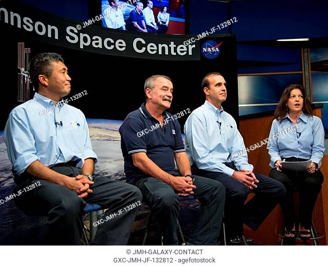 Expedition 3839 crew members participate in a preflight press conference at NASA's Johnson Space Center. Pictured (from left) are Japan Aerospace Exploration...