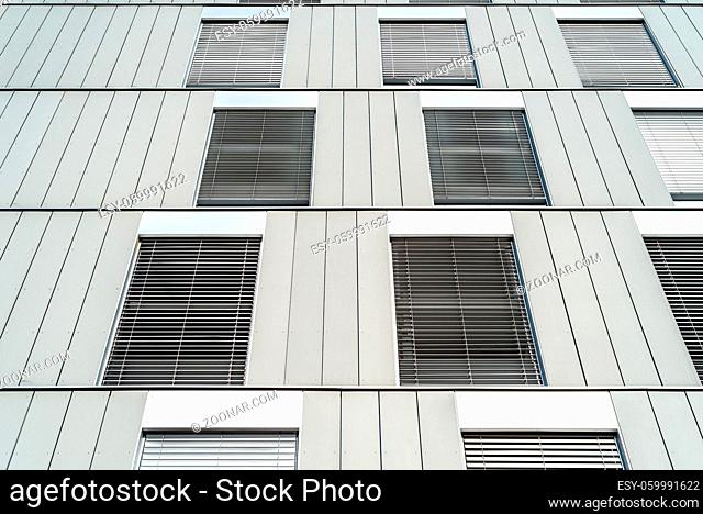 Madrid, Spain - June 6, 2020: New modern apartment building exterior. Building with ventilated facade in Valdebebas neighborhood