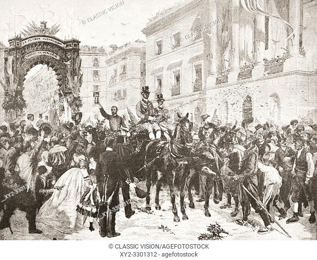 The entrance of General Prim into Barcelona, Spain in 1860. Juan Prim y Prats, 1st Marquis of Los Castillejos, 1st Count of Reus, 1st Viscount of El Bruch