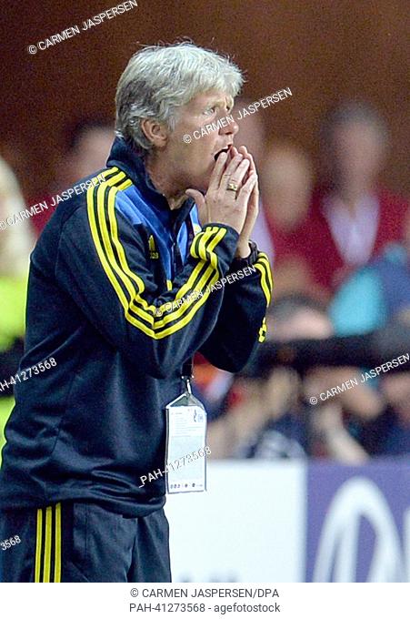 Coach Pia Sundhage of Sweden reacts during the UEFA Women's EURO 2013 semi final soccer match between Germany and Sweden at the Gamla Ullevi Stadium in...