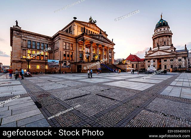 French Cathedral and Concert Hall on Gendarmenmarkt Square in the Evening, Berlin, Germany