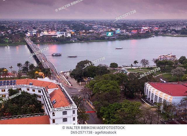 Vietnam, Hue, Trang Tien Bridge and Perfume River, elevated view, dusk