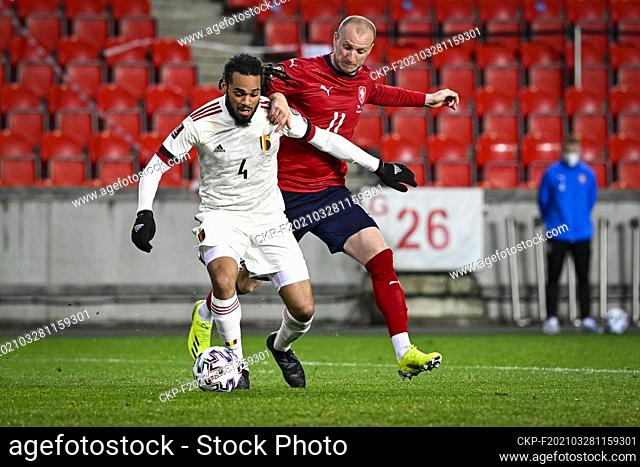 L-R Jason Denayer (Belgium) and Michal Krmencik (Czech) in action during the World Cup qualifier group E: Czechia vs Belgium in Prague, Czech Republic