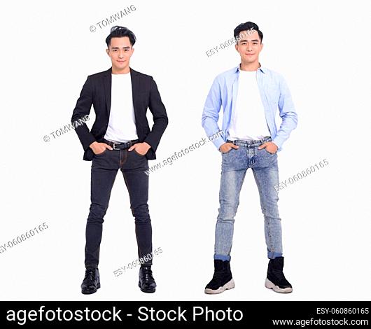 Full length of young man in casual clothes and suit. same man in different style clothes