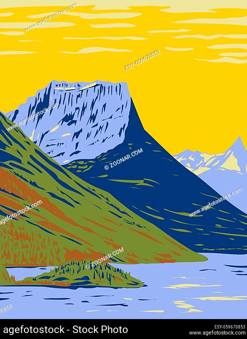 WPA Poster Art of the Waterton-Glacier International Peace Park, the union of Waterton Lakes National Park in Canada and Glacier National Park in the USA done...