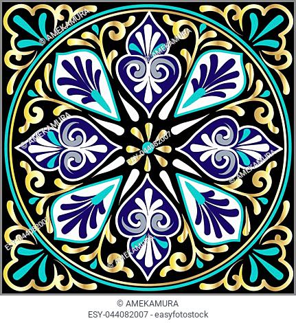Drawing of a floral mandala in gold, blue and turquoise colors on a black background. Hand drawn tribal vector stock illustration