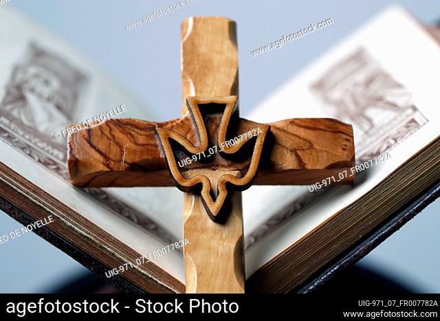 Wooden cross and catholic missal. France