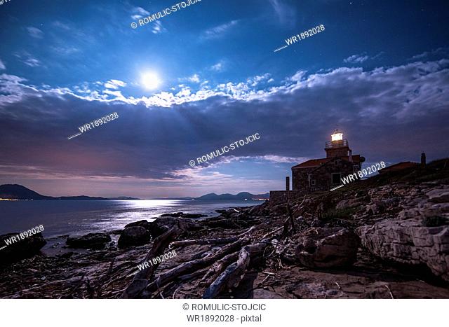 Sucuraj lighthouse at night, Hvar island, Dalmatia, Croatia
