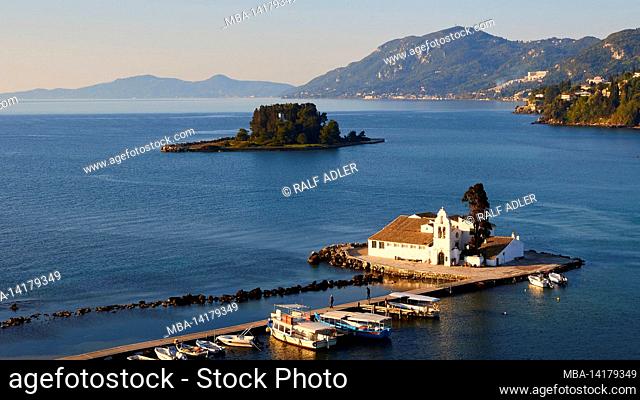 Greece, Greek Islands, Ionian Islands, Corfu, Vlacherna Monastery, view from above, morning light, boats, white monastery building as the main motif
