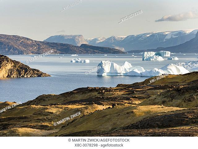Landscape with icebergs in the Uummannaq fjord system in the north of west greenland. America, North America, Greenland, Denmark