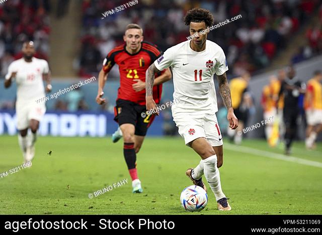 Belgium's Timothy Castagne and Canadian Tajon Buchanan pictured in action during a soccer game between Belgium's national team the Red Devils and Canada