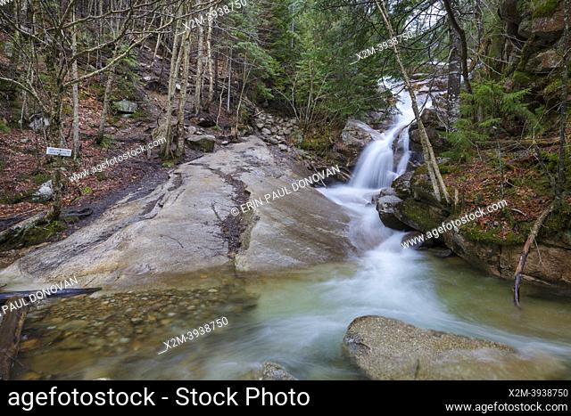Swiftwater Falls on Dry Brook in Lincoln, New Hampshire on a cloudy spring day during the month of April. This is a trailside waterfall along the Falling Waters...
