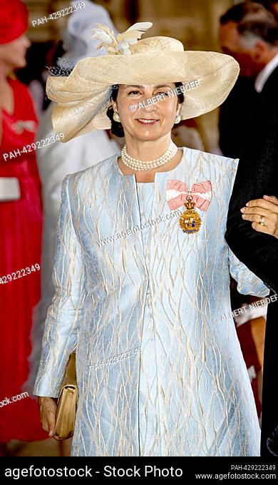 H.R.H. Lady Dona Isabel de Braganza arrive at the Basílica Palacio de Mafra, on October 07, 2023, to attend the wedding of Princess Maria Francisca de Braganza...