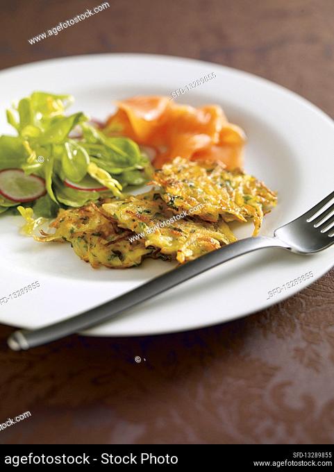 Potato fritters with smoked salmon trout