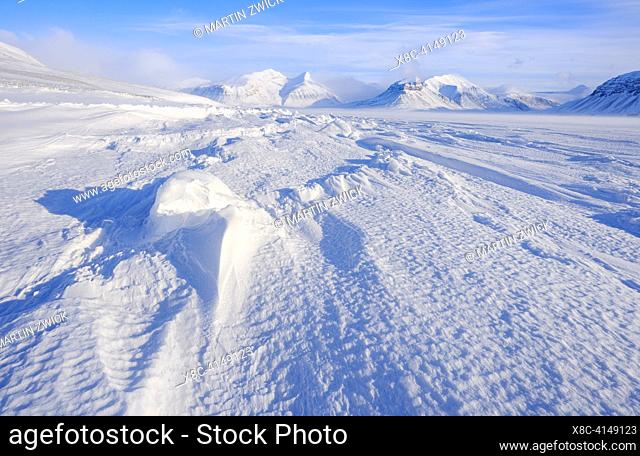 View over frozen Petuniabukta in fjord Billefjorden. Winter landscape on the island Spitsbergen in the Svalbard archipelago