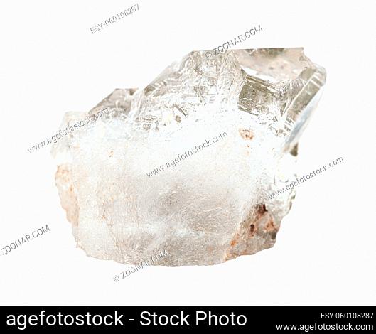 closeup of sample of natural mineral from geological collection - raw Rock crystal (colorless Quartz) isolated on white background
