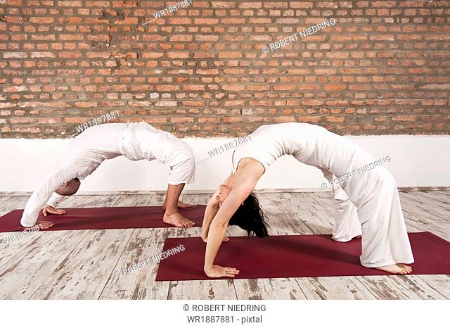 Couple Practising Yoga, Bridge Pose