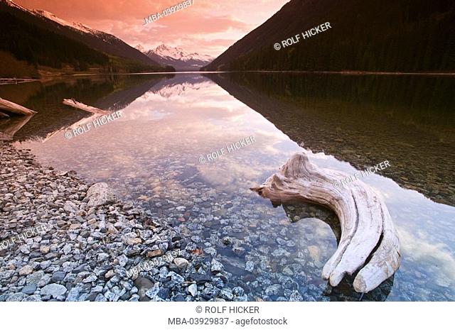 Canada, British Columbia, Coastal mountains, Duffey Lake, sunset, North America, destination, sight, landscape, nature, lake, shore, stones, tree-trunks