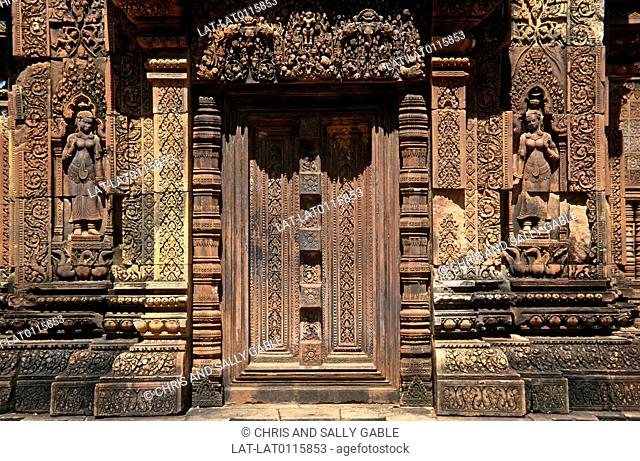 Banteay Srei is a 10th century Khmer temple dedicated to the Hindu god Shiva. It is renowned for stone carvings in the red sandstone of the building