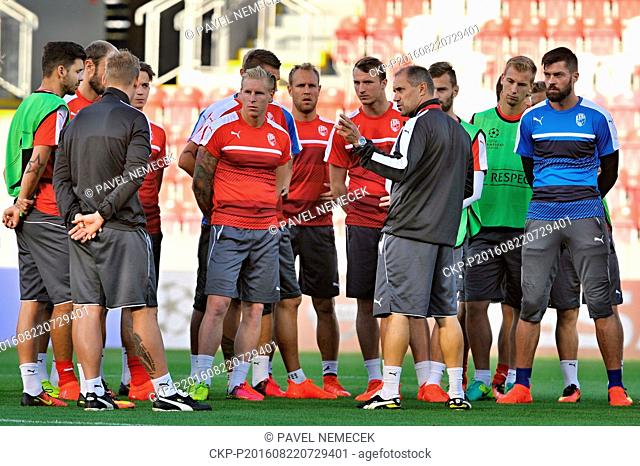 Roman Pivarnik, coach of Victoria Pilsen, speaks to players during the practice session prior to the 4th qualifying round of football Champions League return...