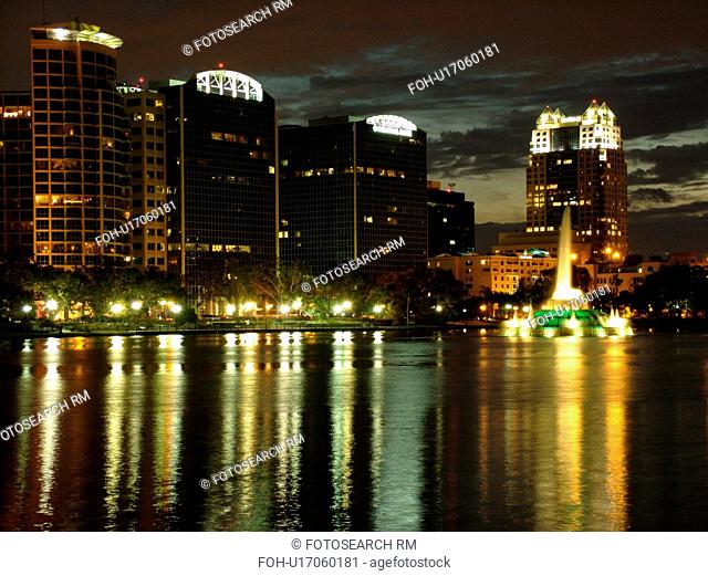 Orlando, FL, Florida, Downtown skyline, Lake Eola, evening