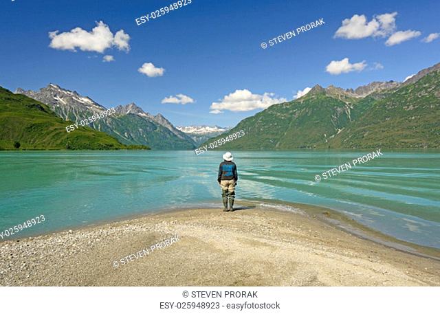 Enjoying a Spectacular View of Crescent Lake on a Sunny Summer day in Lake Clark National Park in Alaska