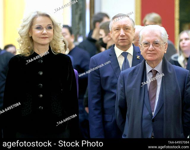 RUSSIA, ST PETERSBURG - NOVEMBER 18, 2023: Russia's Deputy Prime Minister Tatyana Golikova, Mkhail Piotrovsky (L-R front), Head of the State Hermitage Museum