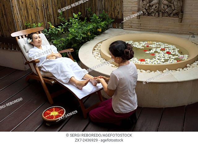 Foot massage in a spa of hotel Pimalai Resort, Kantiang Beach, Ko Lanta or Koh Lanta island, Krabi, Thailand, Asia. Pimalai Resort & Spa is a luxury beach...