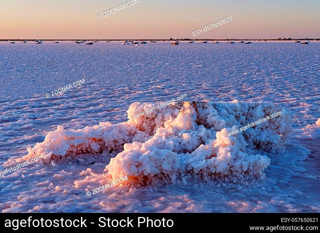 Sunset on the Genichesk pink extremely salty lake (colored by microalgae with crystalline salt depositions), Ukraine