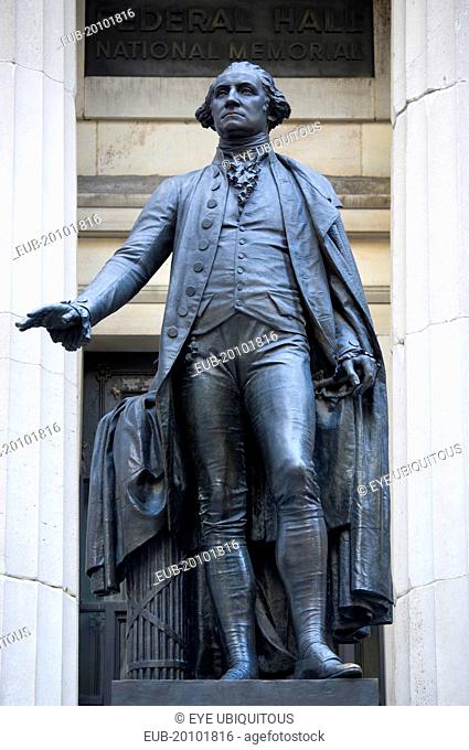 Manhattan Statue of George Washington outside the Federal Hall National Memorial in Wall Street in the Financial District of Lower Manhattan
