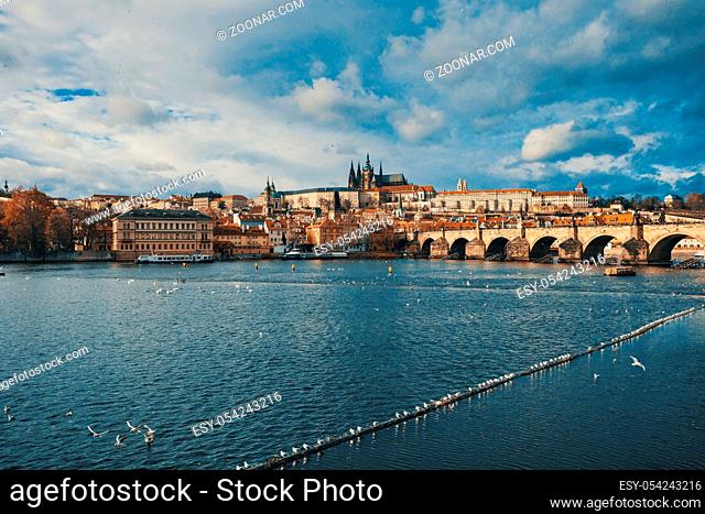 View of the Cathedral of St. Vitus, Prague castle and the Vltava River in advent christmas time, Prague cityscape, Czech Republic 2018