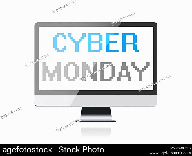 Cyber Monday - pixel text on computer screen, isolated on white background