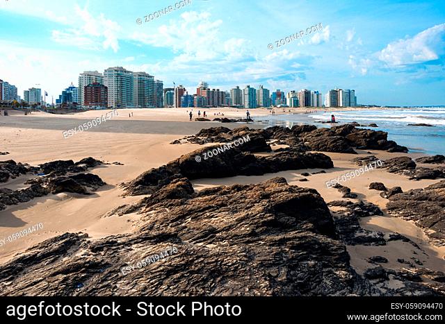 MALDONADO, URUGUAY, AUGUST, 9: Residents of Punta del Este held on the beach unusually hot weekend, when daytime temperatures reach +31 degrees Celsius in...