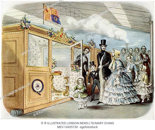 Queen Victoria, Prince Albert and the Royal children entrain for Scotland at the temporary station in Maiden Lane before the opening of King's Cross in 1852