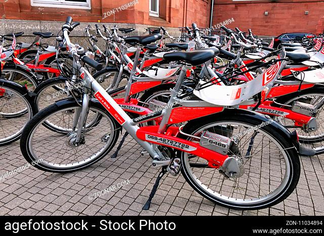 Bicycles for rent outside city train station in Wiesbaden, Hesse, Germany. The station is used by more than 40 000 travelers each day