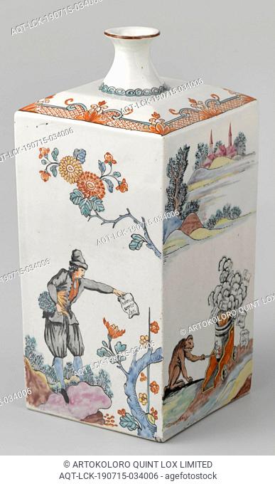 Square bottle with caricatures of the trade speculation of 1720, Square bottle of porcelain with a narrow, spreading neck, painted on the glaze in blue, red