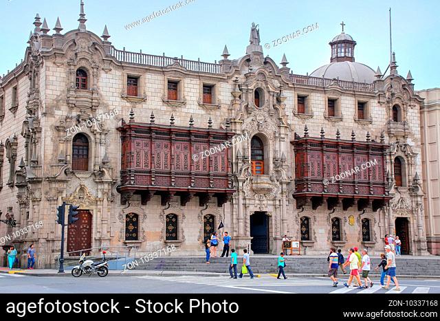Archbishop's Palace on Plaza Mayor in Lima, Peru. It is the residence of the Archbishop of Lima, and the administrative headquarters of the Roman Catholic...