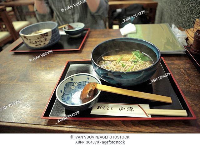 Traditional food, soba noodles with heering, Kyoto, Japan
