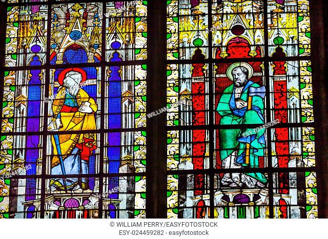 Saint Paul with Sword Saint Boniface with Axe Stained Glass Saint Severin Church Paris France. Saint Severin one of oldest churches Paris located in the Latin...