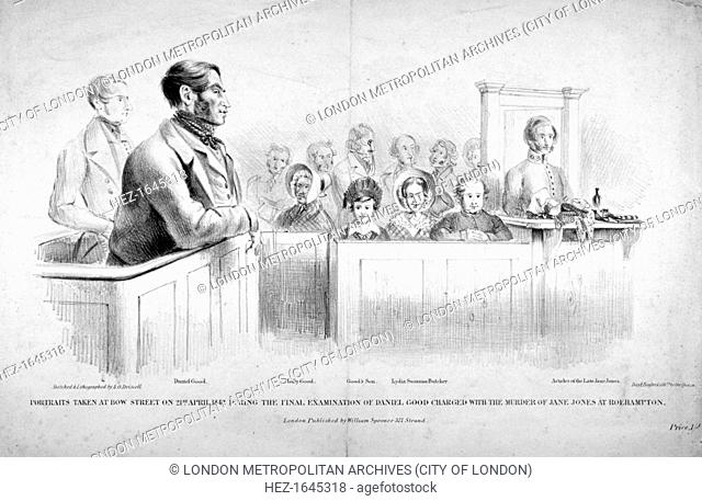 Portraits taken at Bow Street Police Court, Westminster, London, 1842. Scene during the final examination of Daniel Good charged with the murder of Jane Jones...