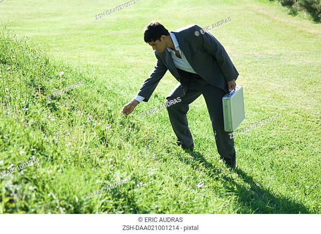 Businessman standing by grassy hill, bending down to touch grass