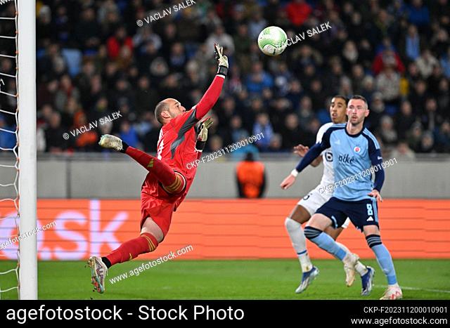 From left goalie of Slovan Milan Borjan, Leny Yoro of Lille and Jaromir Zmrhal of Slovan in action during the Football European Conference League 4th round...