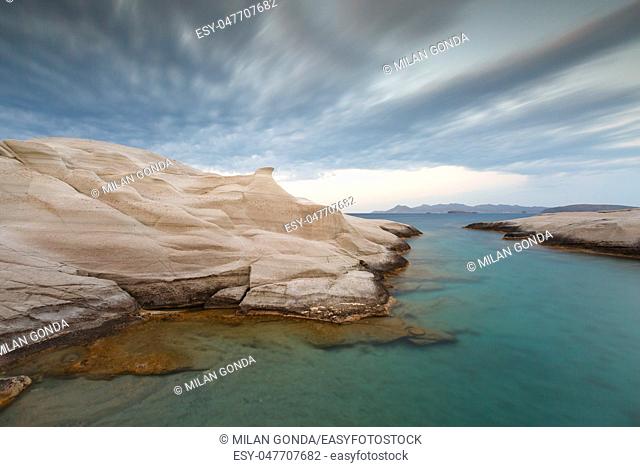 Volcanic rock formations on Sarakiniko beach on Milos island, Greece.