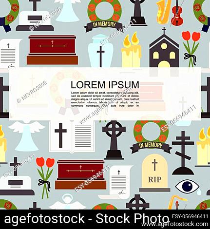 Flat funeral colored icons seamless pattern with cemetery crosses bible flowers coffin tombstone wreath urn for ash burning candles saxophone violin vector...