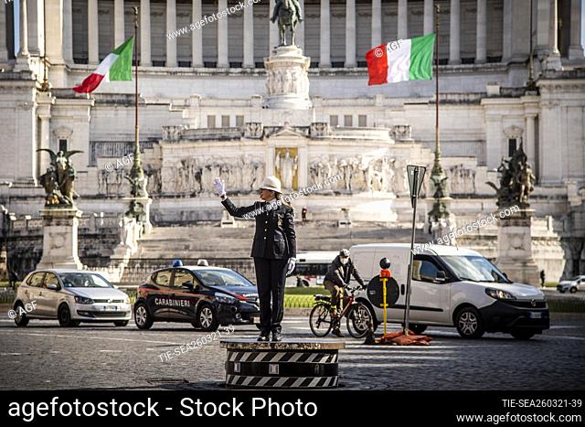 Cristina Corbucci, the first female traffic controller to stand on the retractable podium in Rome’s famous Piazza Venezia, Rome, Italy 27 March 2021