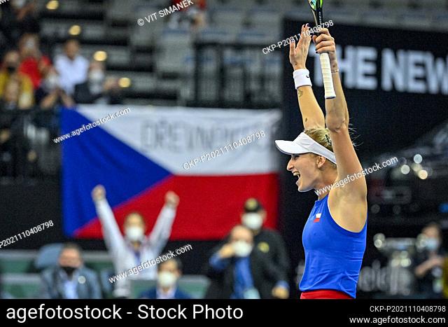 Czech Marketa Vondrousova celebrates victory after Group D match against Viktorija Golubic of Switzerland during the women’s tennis Billie Jean King Cup (former...