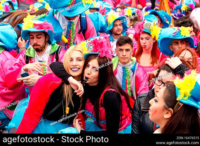 Xanthi, Greece - February 26, 2017: People dressed in colorful costumes during the annual carnival parade in Xanthi, Greece