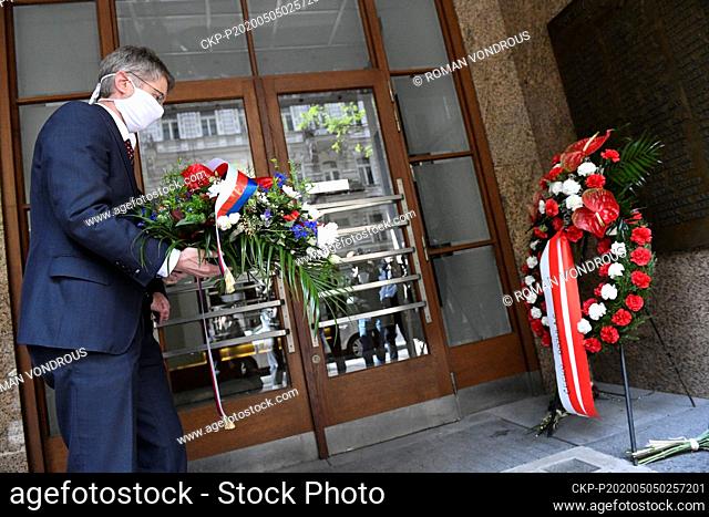 Czech Senate chairman Milos Vystrcil lays flowers at Czech Radio building on occasion of 75th anniversary of Prague Uprising and WW2 Victory, on April 5, 2020