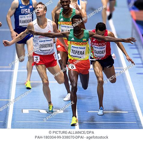 04 March 2018, Great Britain, Birmingham: IAAF World Indoor Championships. Poland's Marcin Lewandowski (L-R), Ethiopia's Samuel Tefera and Morocco's Abdelaati...