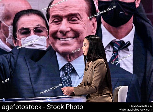 Karima El Mahrough, aka Ruby Rubacuori, during Porta a Porta broadcast on Rai 1. February 21, 2023 in Rome, Italy